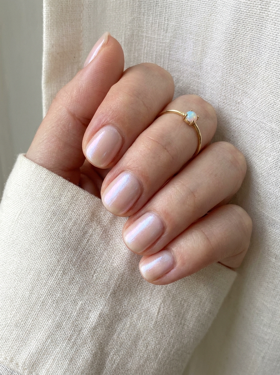 Kurze Opal Nägel mit sauberer Form und feinem irisierendem Finish